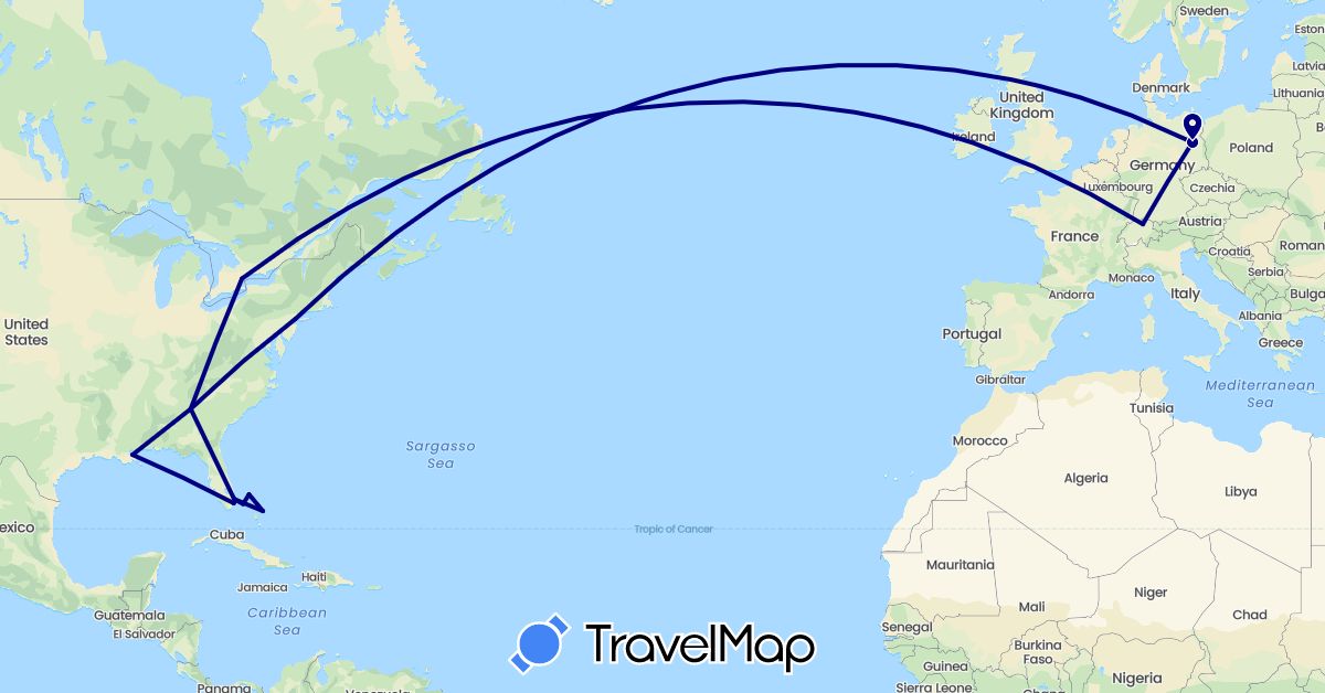 TravelMap itinerary: driving in Bahamas, Canada, Switzerland, Germany, United States (Europe, North America)